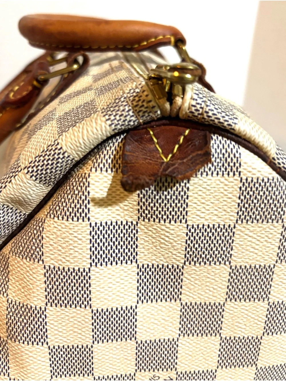 Louis Vuitton Damier Azur Canvas Speedy Bag - Cream & Brown Leather